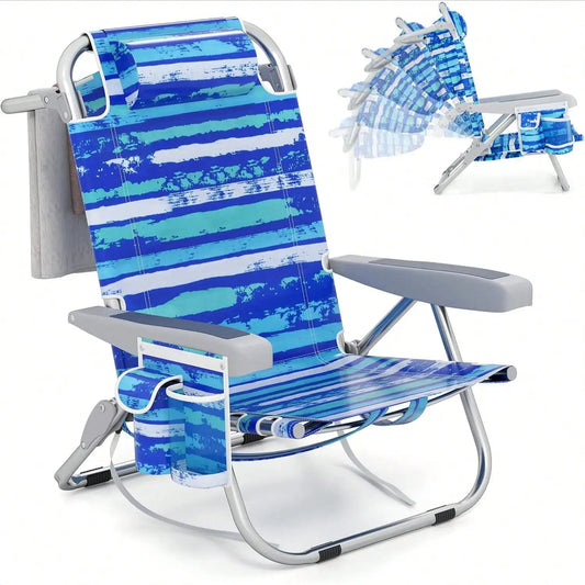 Backpack Beach Chair, Foldable Camping Chair With 5 Adjustable Position, Cup Holder, Storage Pockets, Straps, Towel Rack, Pillow