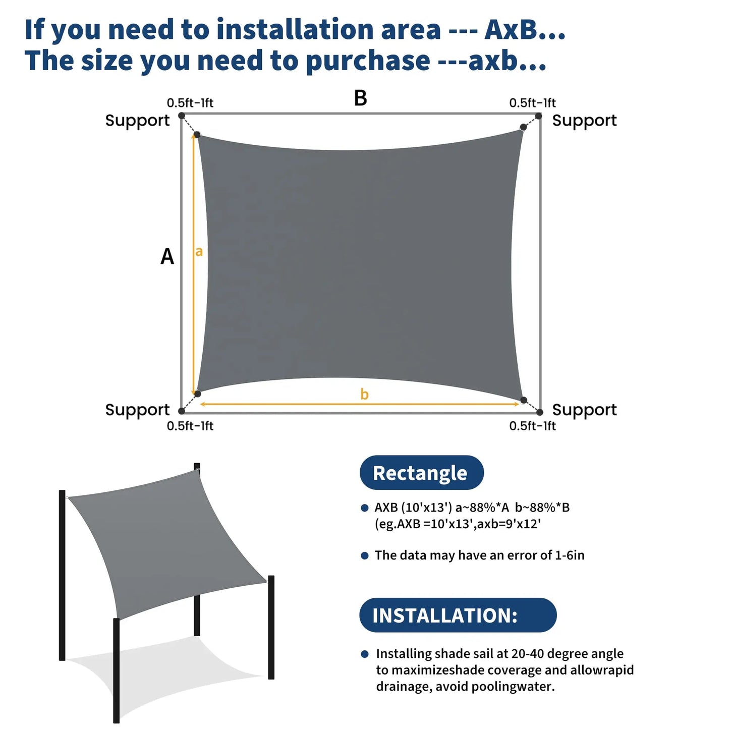 10'x13' Rectangle Sun Shade Sail UV Block Outdoor Canopy Awning Shade Cloth For Patio Backyard Garden Pool