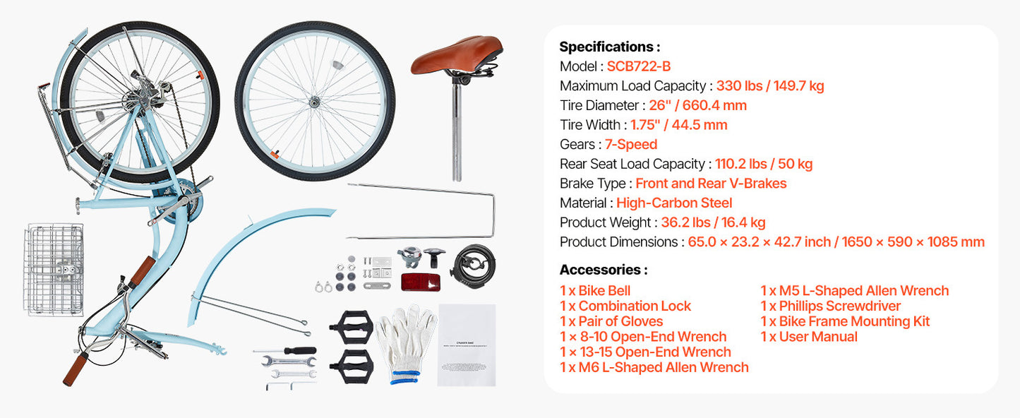 SucceBuy Steel Beach Cruiser Bike With Basket And Rear Rack