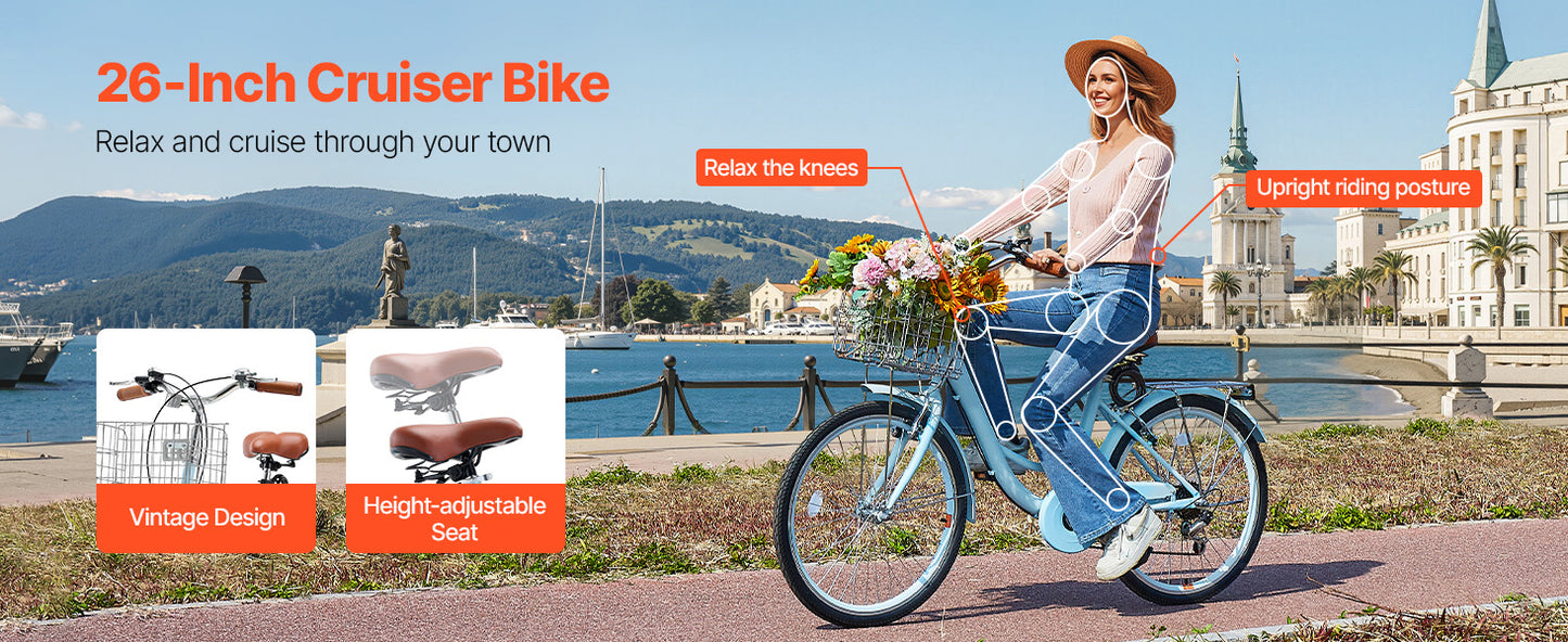 SucceBuy Steel Beach Cruiser Bike With Basket And Rear Rack