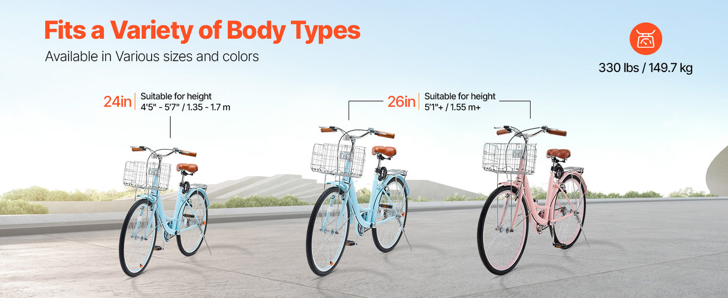 SucceBuy Steel Beach Cruiser Bike With Basket And Rear Rack
