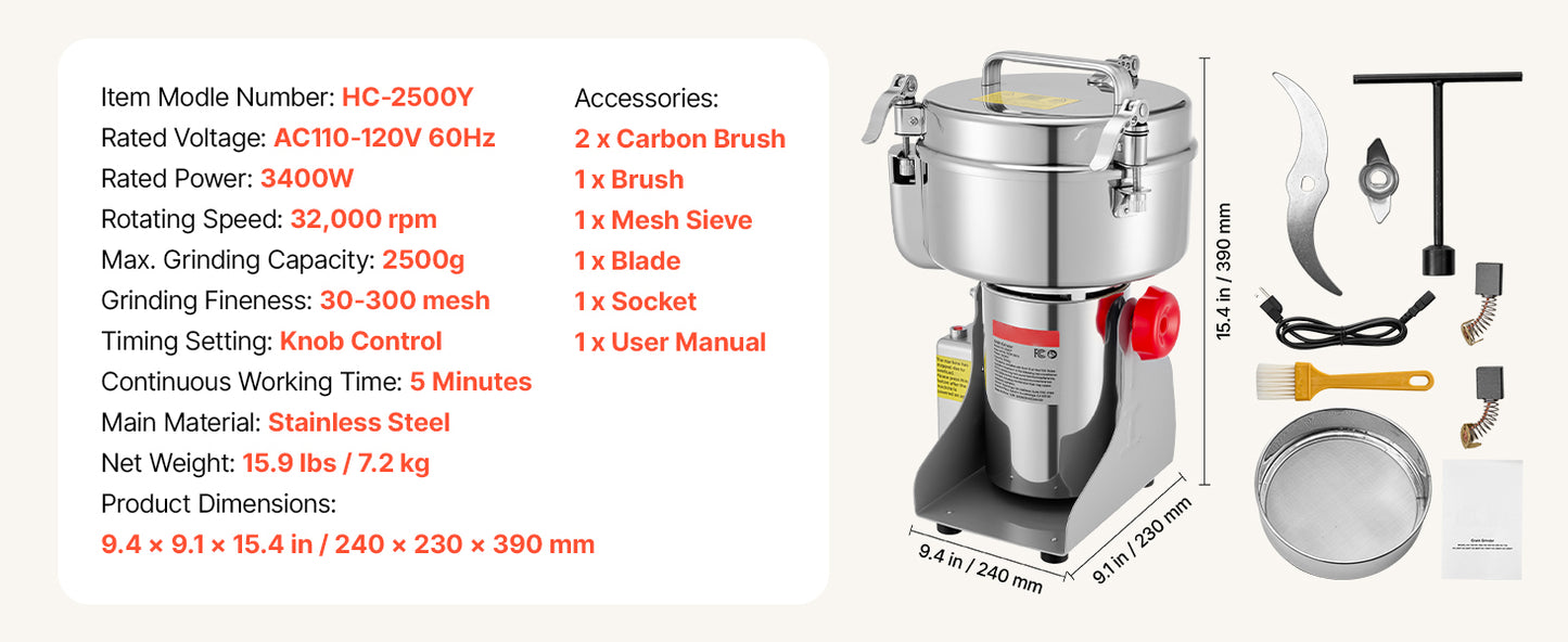 SucceBuy Electric Grain Mill Grinder 28000/32000RPM High Speed Stainless for Dried Grains Coffee Beans Spices 270° Swing Type