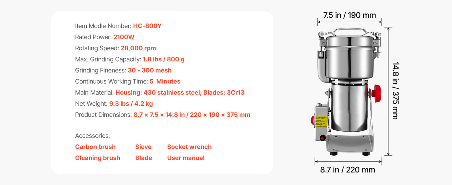 SucceBuy Electric Grain Mill Grinder 28000/32000RPM High Speed Stainless for Dried Grains Coffee Beans Spices 270° Swing Type