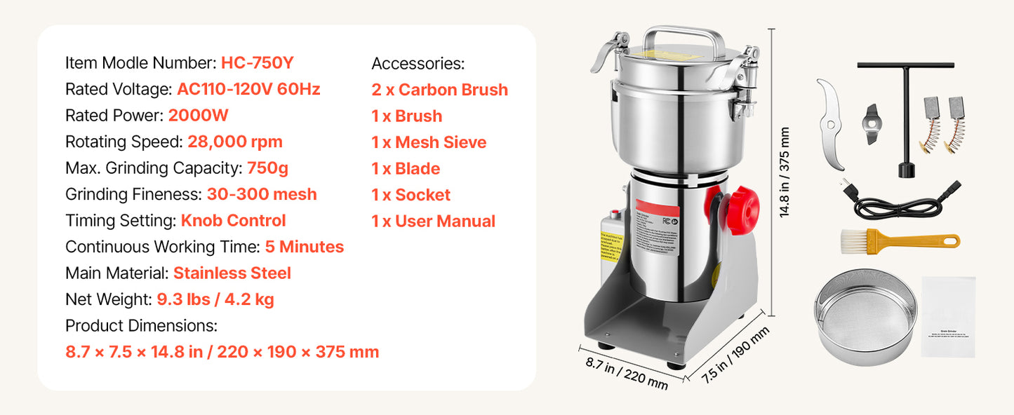 SucceBuy Electric Grain Mill Grinder 28000/32000RPM High Speed Stainless for Dried Grains Coffee Beans Spices 270° Swing Type